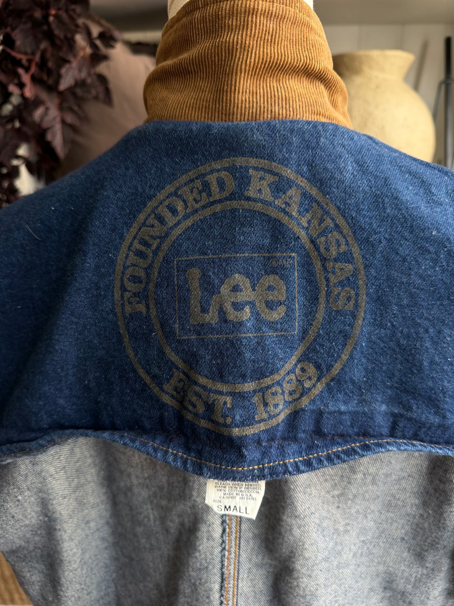 80s Lee denim trench coat with corduroy collar. Made in the USA. Fits XS-M