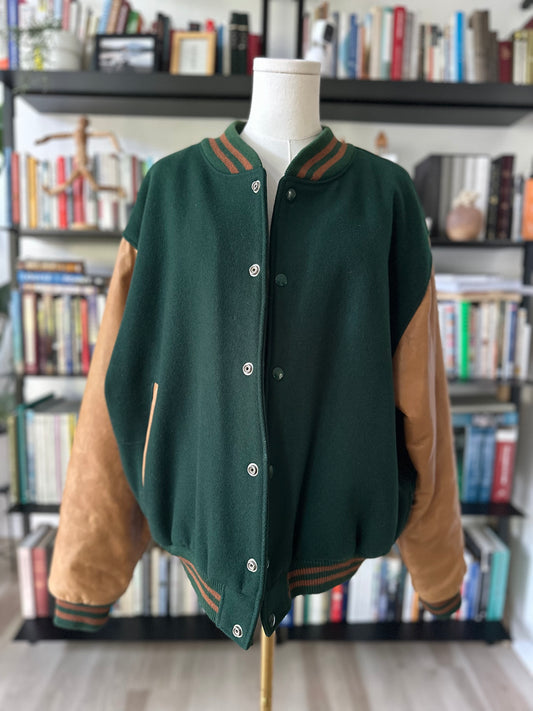90s Brooks Brothers wool varsity jacket with leather sleeves. Made in the USA