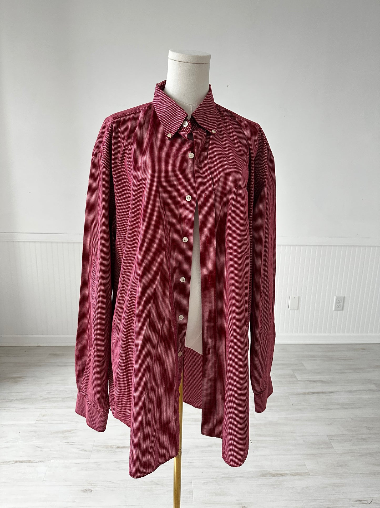 90s Austin Reed red check poplin. Made in Hong Kong