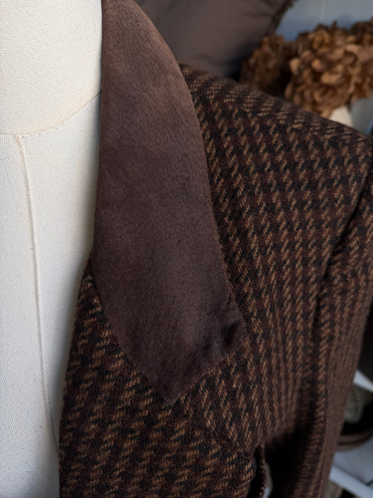 90s Brandon Thomas wool blend houndstooth blazer with leather collar. Fits XS-M petite