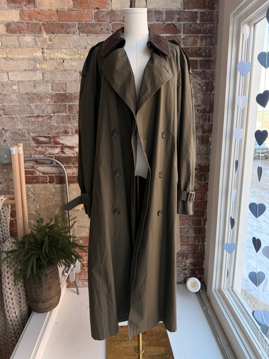 Vintage olive green trench with removable leather collar
