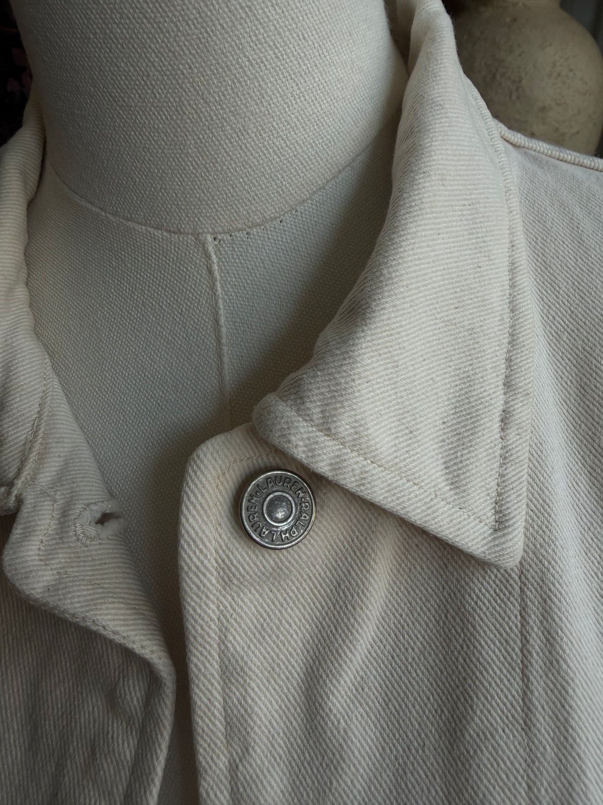 90s Lauren by Ralph Lauren cream denim chore coat. Made in Hong Kong. Fits S-L