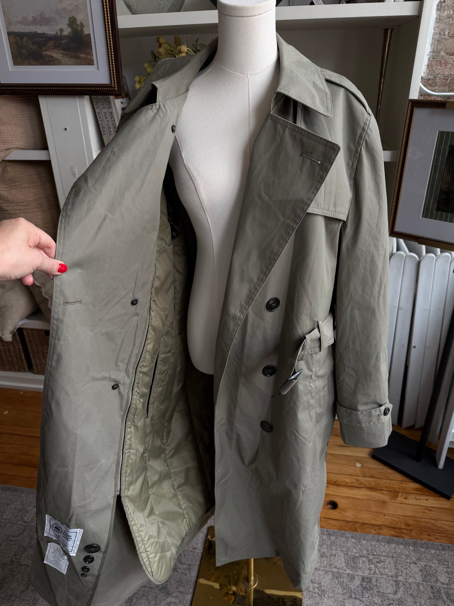 Light green military trench with zip out insulated lining