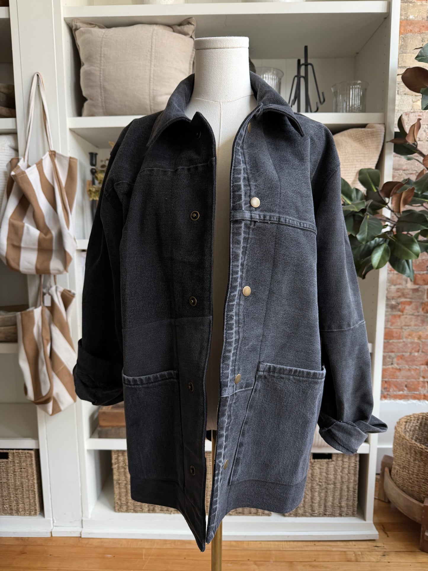 Black Reworked Denim Chore Coat. Size Small