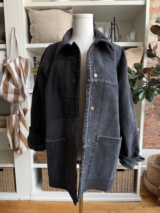 Black Reworked Denim Chore Coat. Size Small