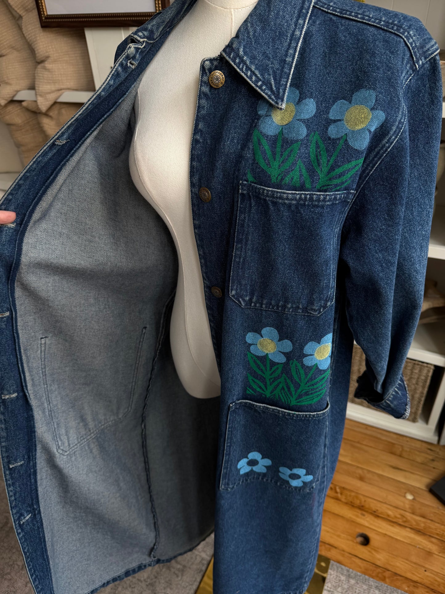 Blocked printed vintage denim trench. Hand painted by SRM Prints