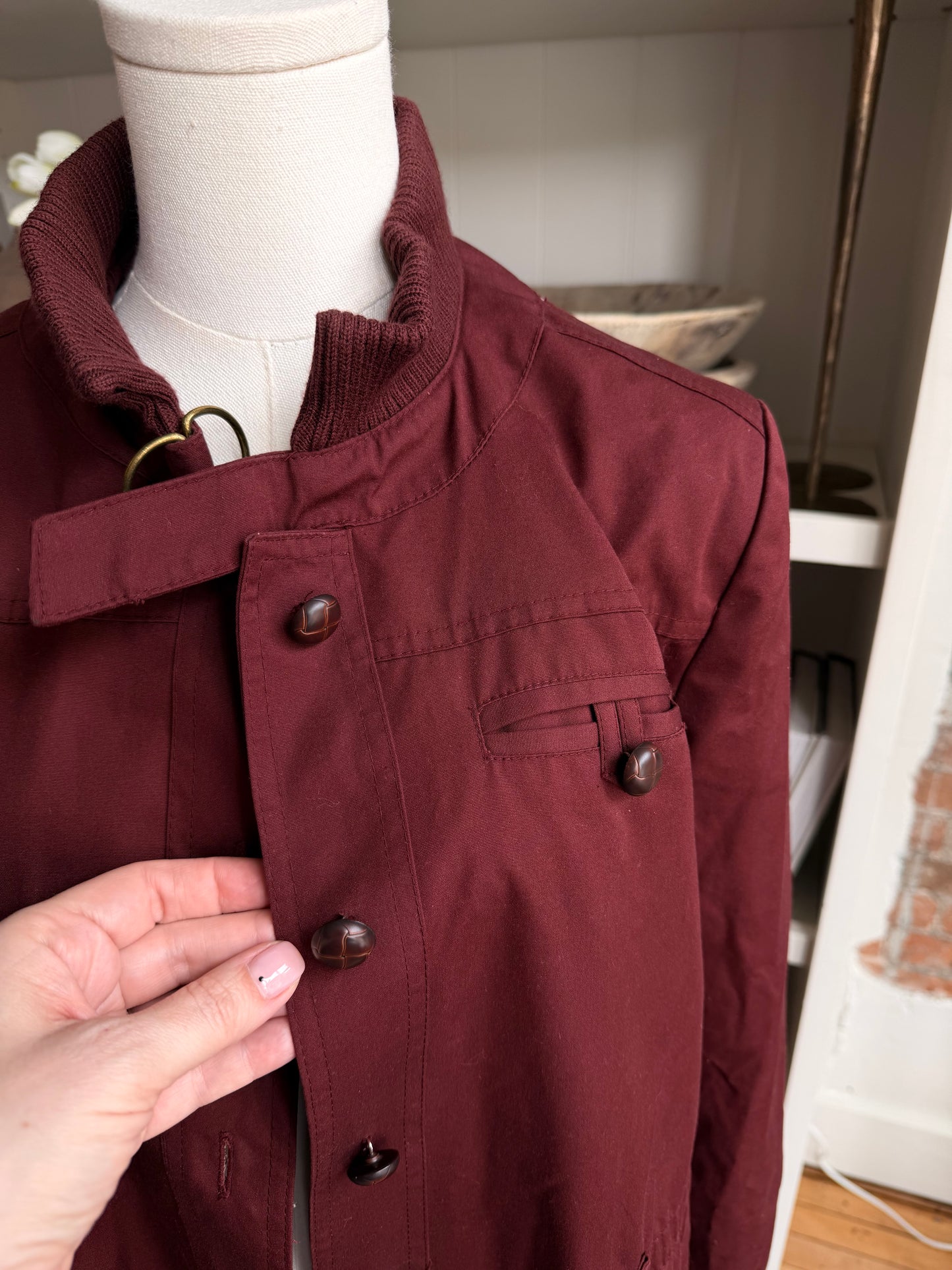 Vintage maroon trench with bomber details. Made in Singapore