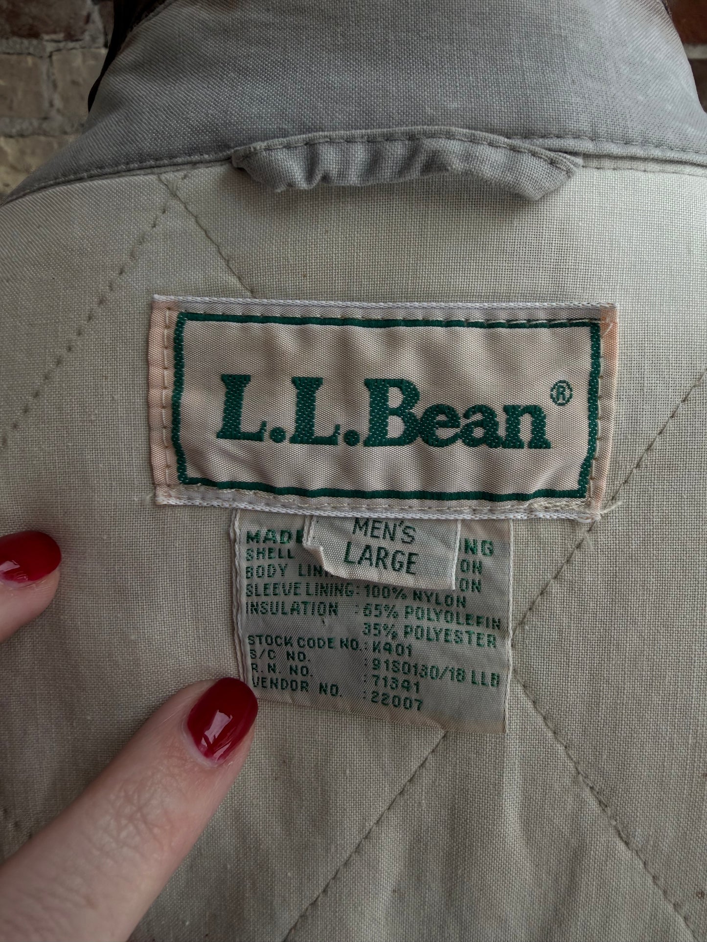 90s LLBean khaki bomber with leather collar. Made in Hong Kong.