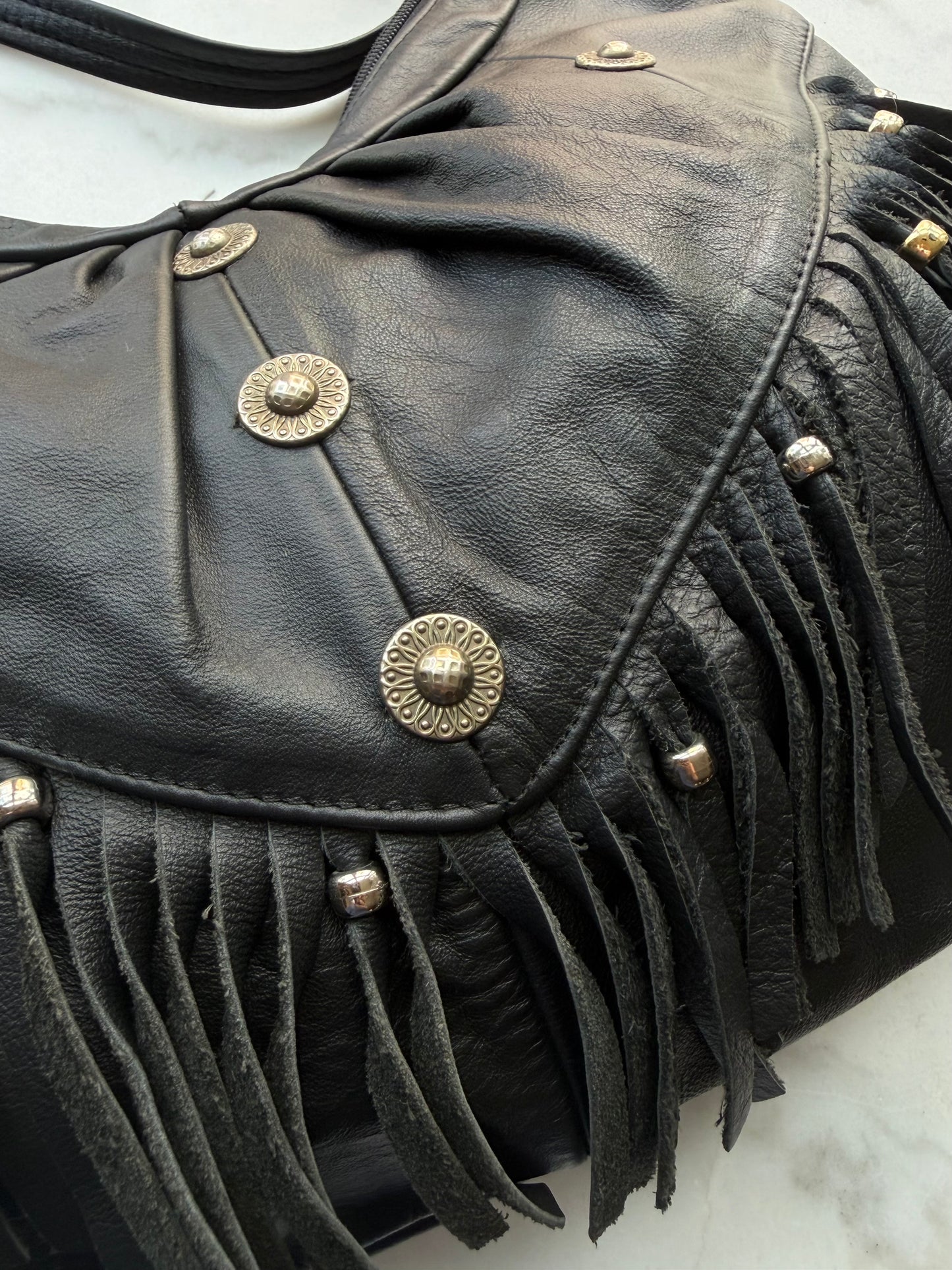 90s Black leather fringe bag. Made in Mexico