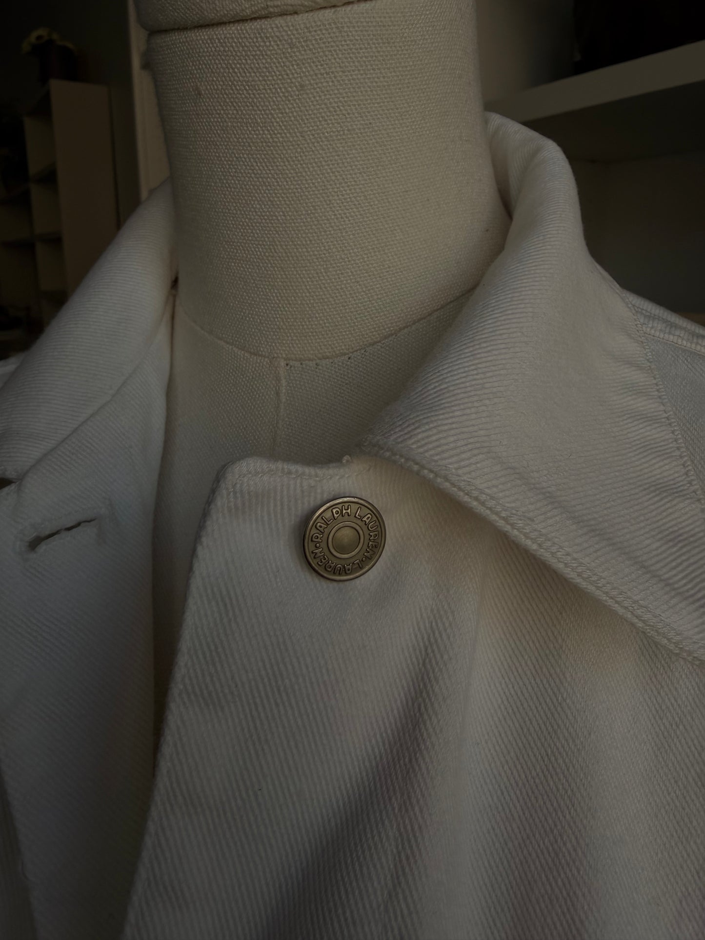 90s Lauren Ralph Lauren white denim chore coat. Made in Hong Kong