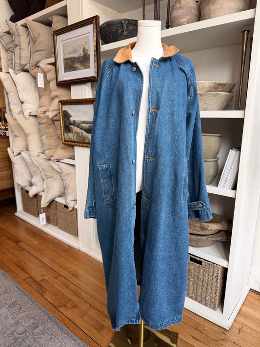 90s Fluid Blues denim trench with leather collar. Made in Hong Kong