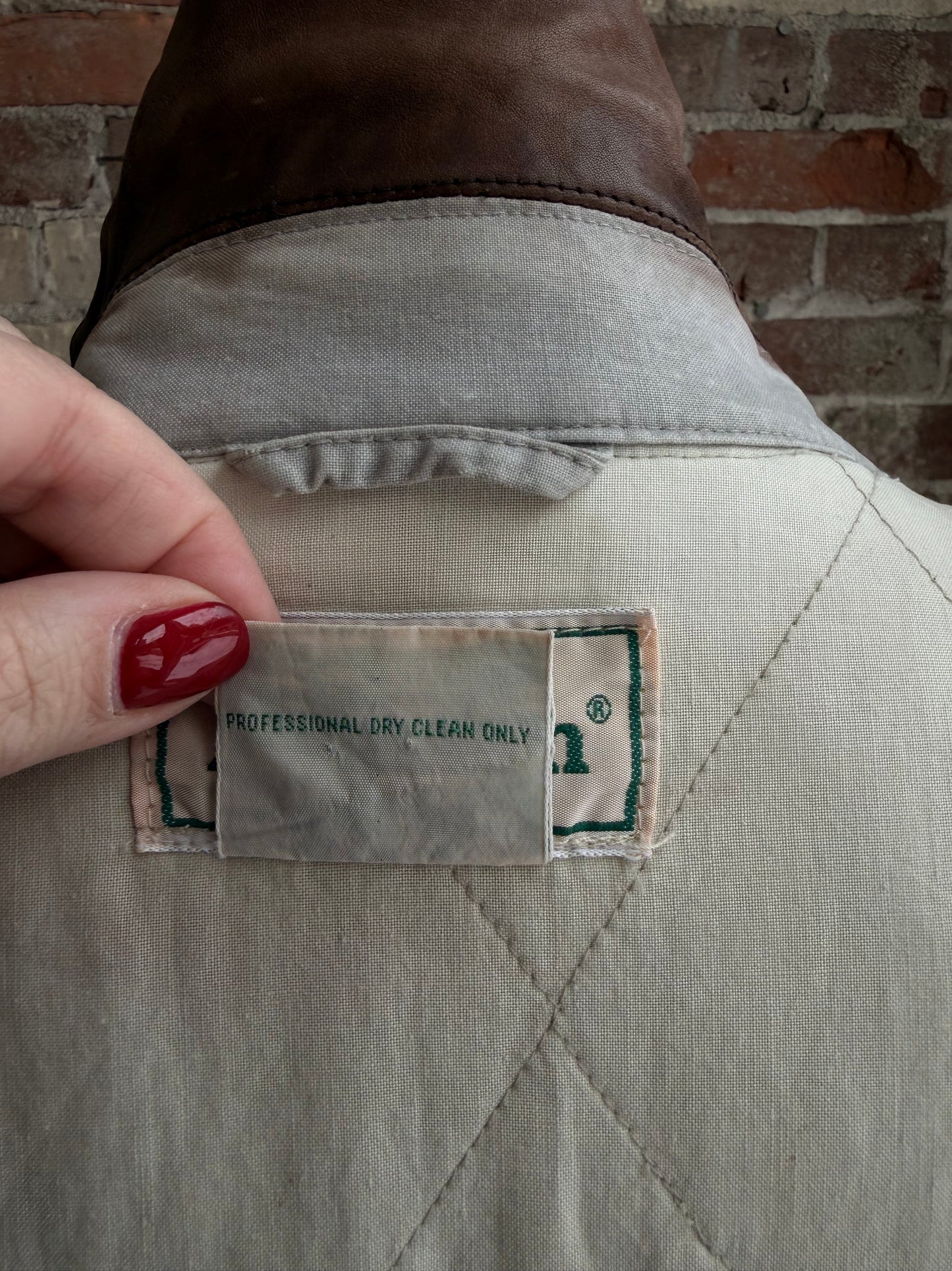 90s LLBean khaki bomber with leather collar. Made in Hong Kong.