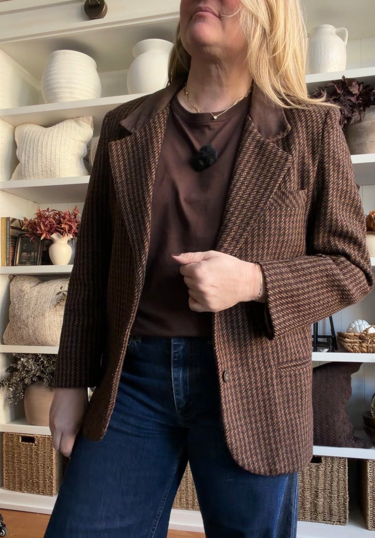 90s Brandon Thomas wool blend houndstooth blazer with leather collar. Fits XS-M petite