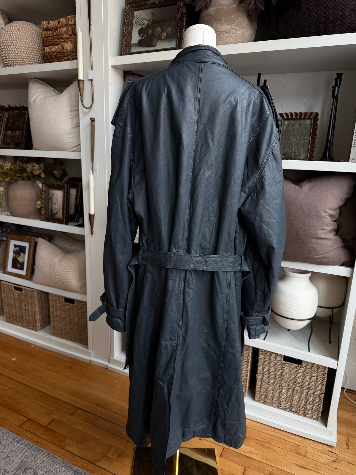 Vintage blue leather trench. Sourced in Paris. Fits M-XL