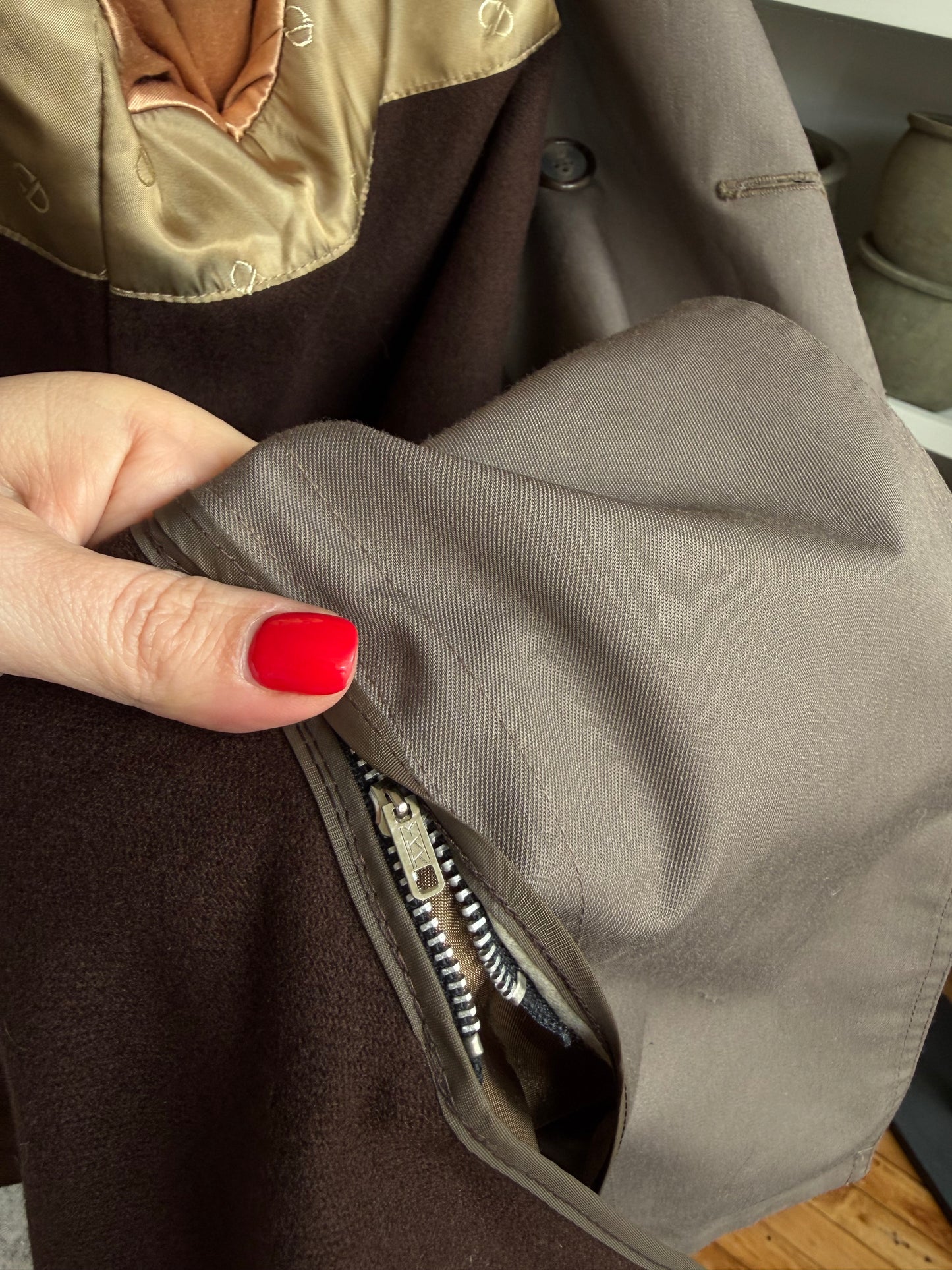 Vintage Christian Dior taupe trench with zip out lining