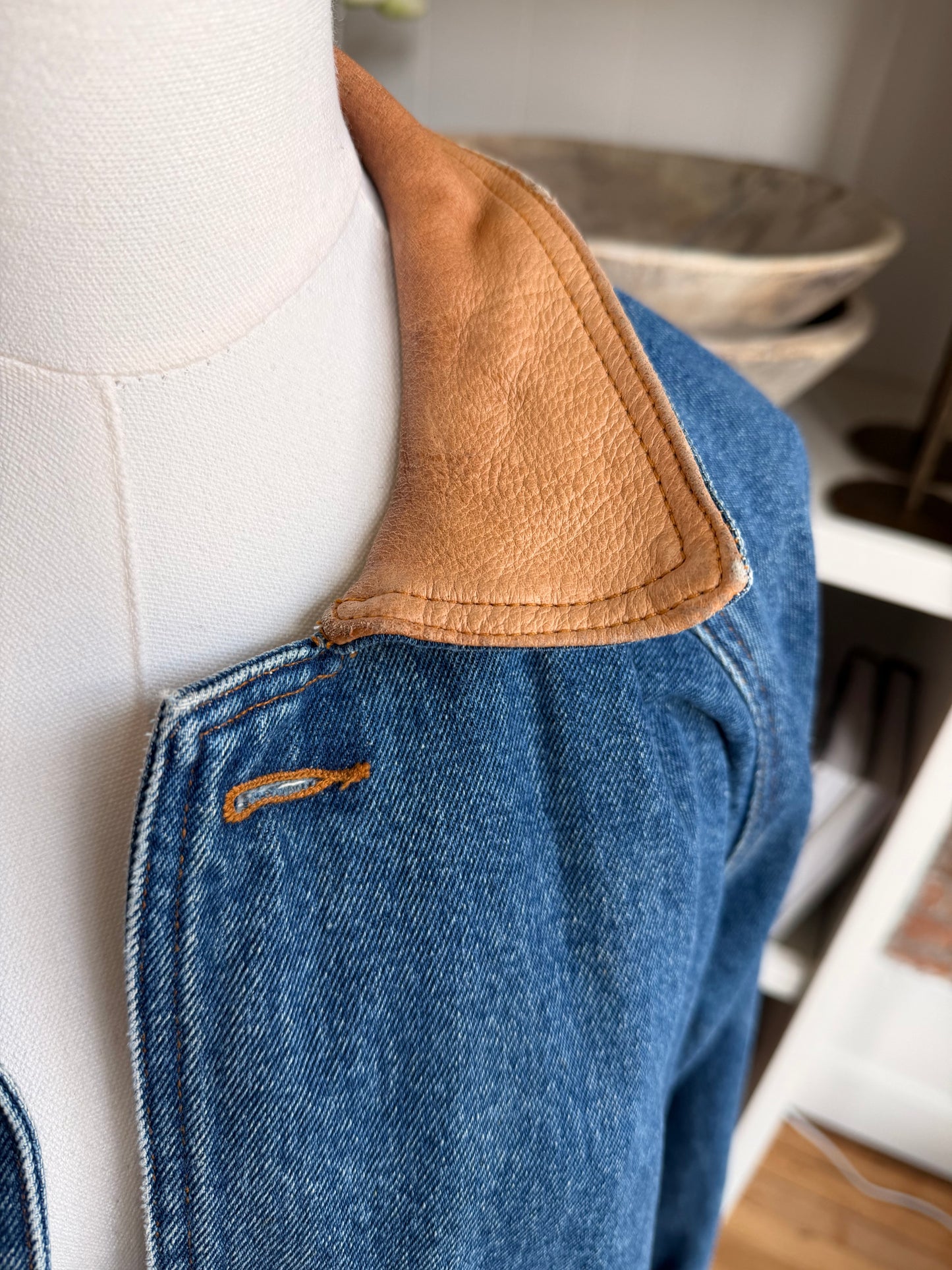 90s Fluid Blues denim trench with leather collar. Made in Hong Kong