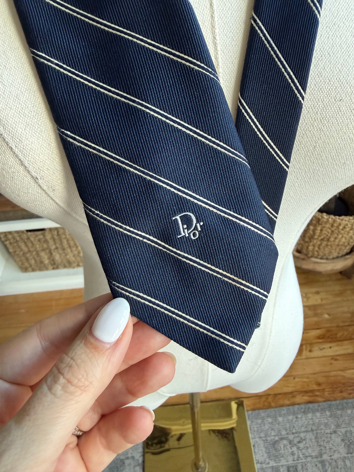80s Dior navy striped tie