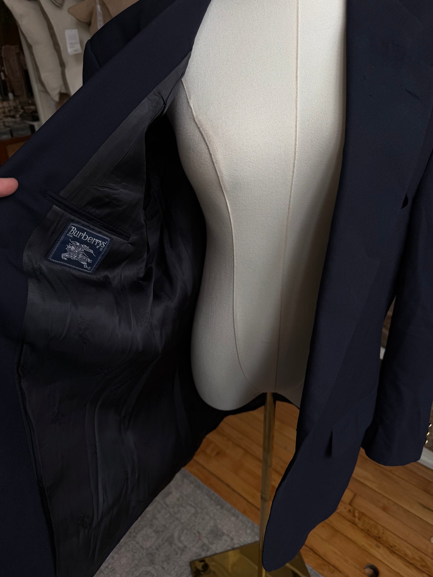 80s Burberry navy wool blazer. Made in the USA