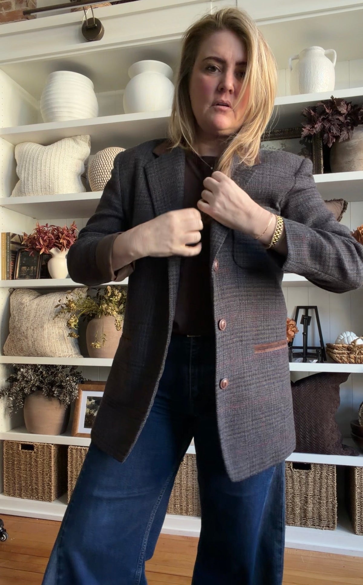 90s Express tweed blazer with leather collar. Fits S-L
