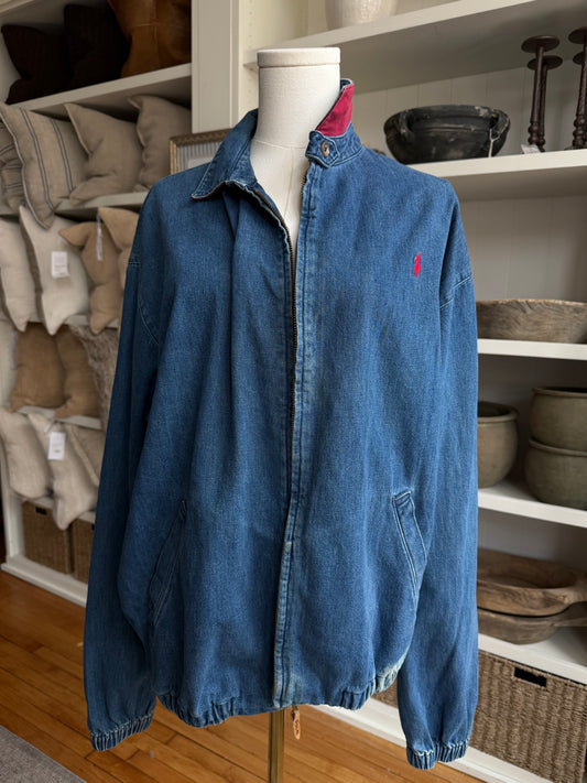 80s Polo Ralph Lauren denim bomber with red collar. Made in the USA