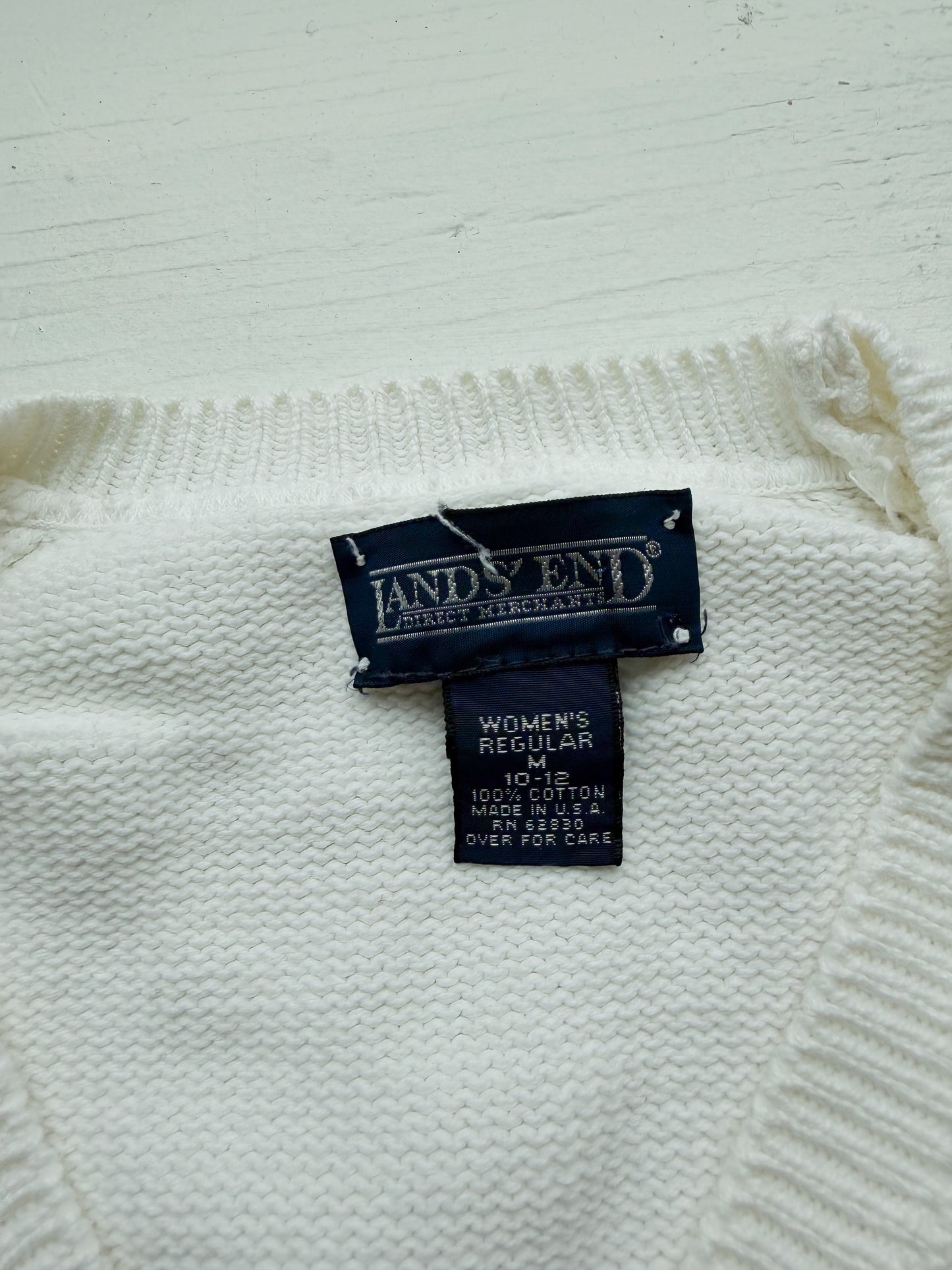 80s Lands End white cotton sweater. Made in the USA