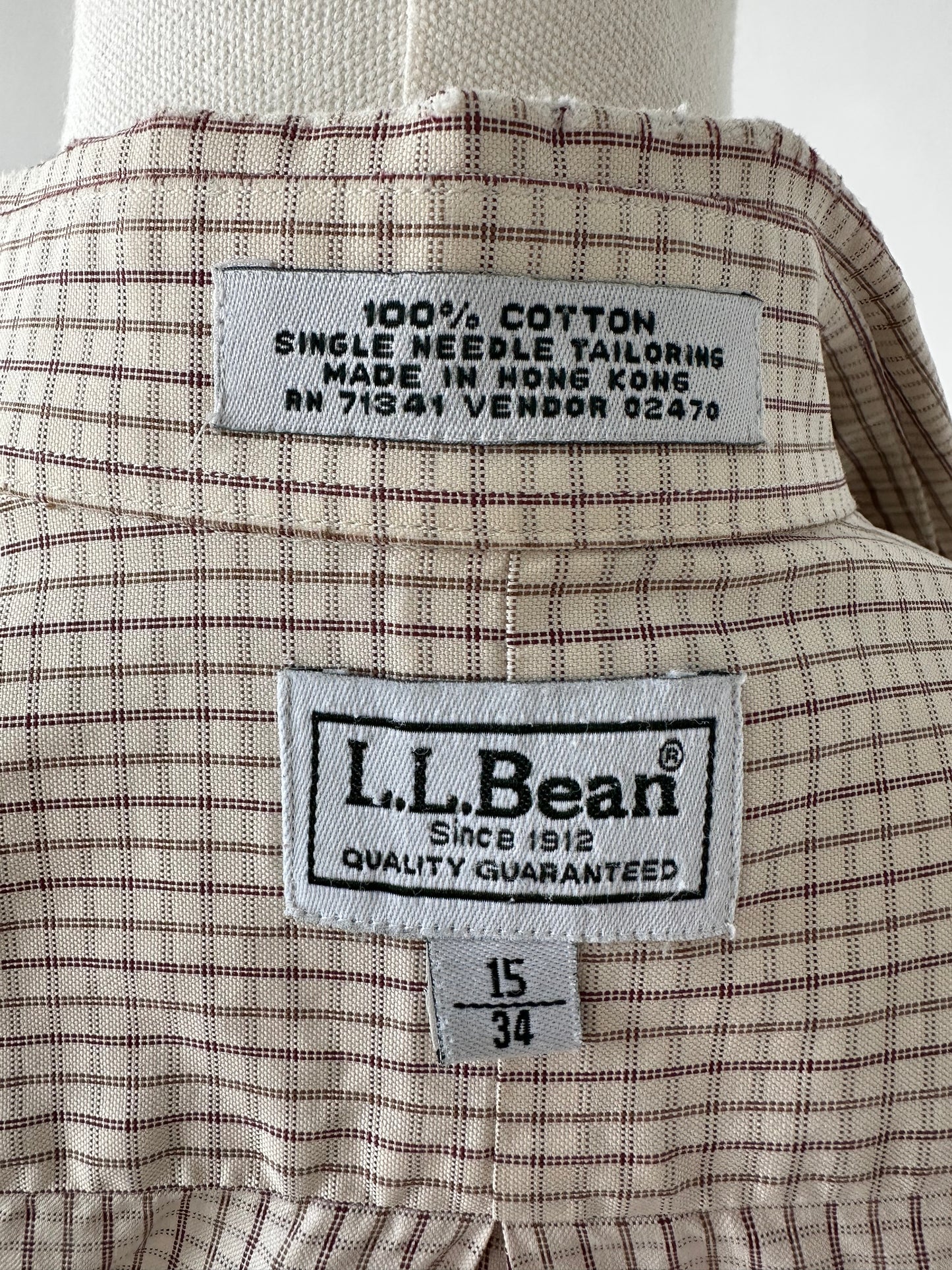 90s LL Bean plaid button down. Made in Hong Kong