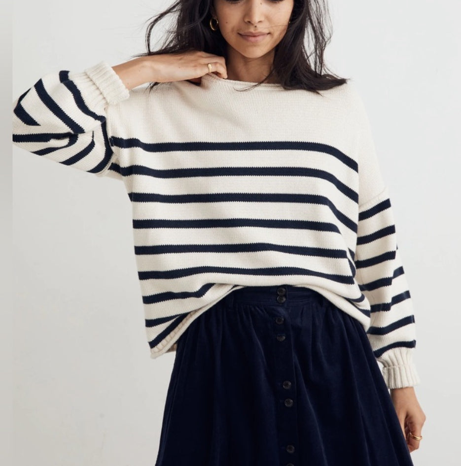 Madewell striped cotton sweater in navy/cream. Size medium