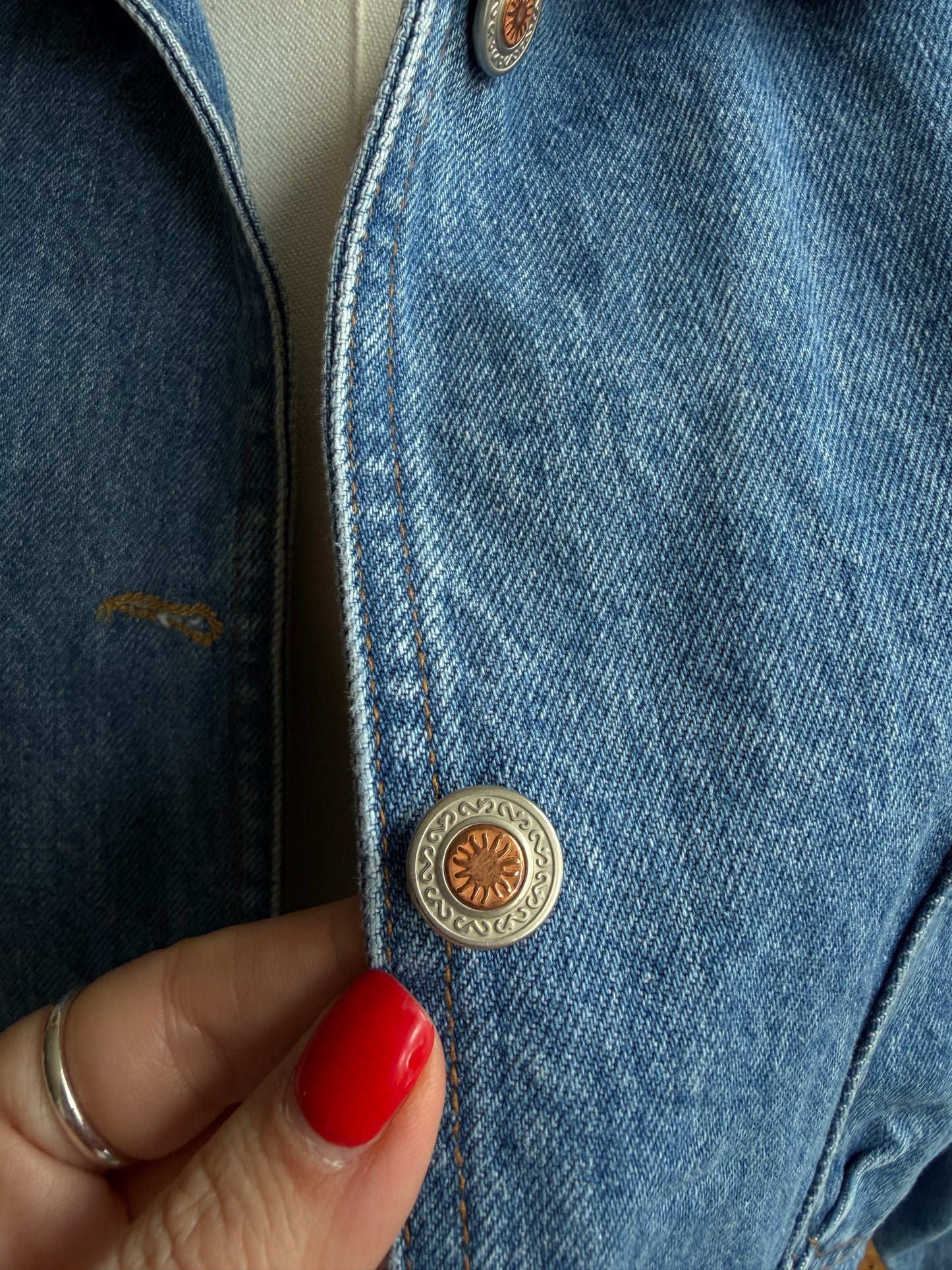 Vintage Denim chore coat with embroidery with green collar