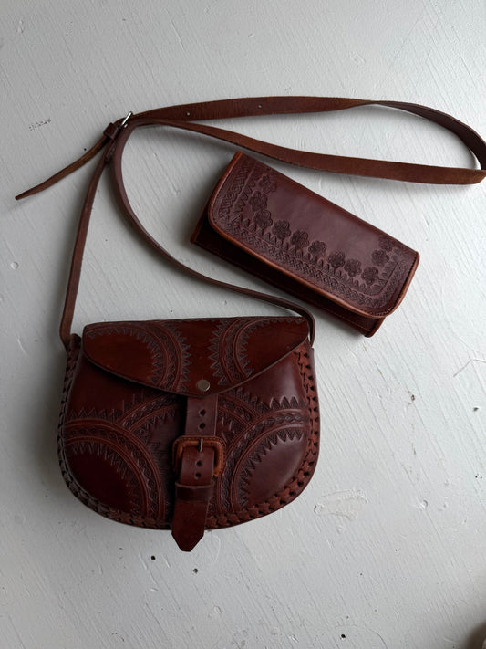 Tooled leather bag with leather wallet. Hand made