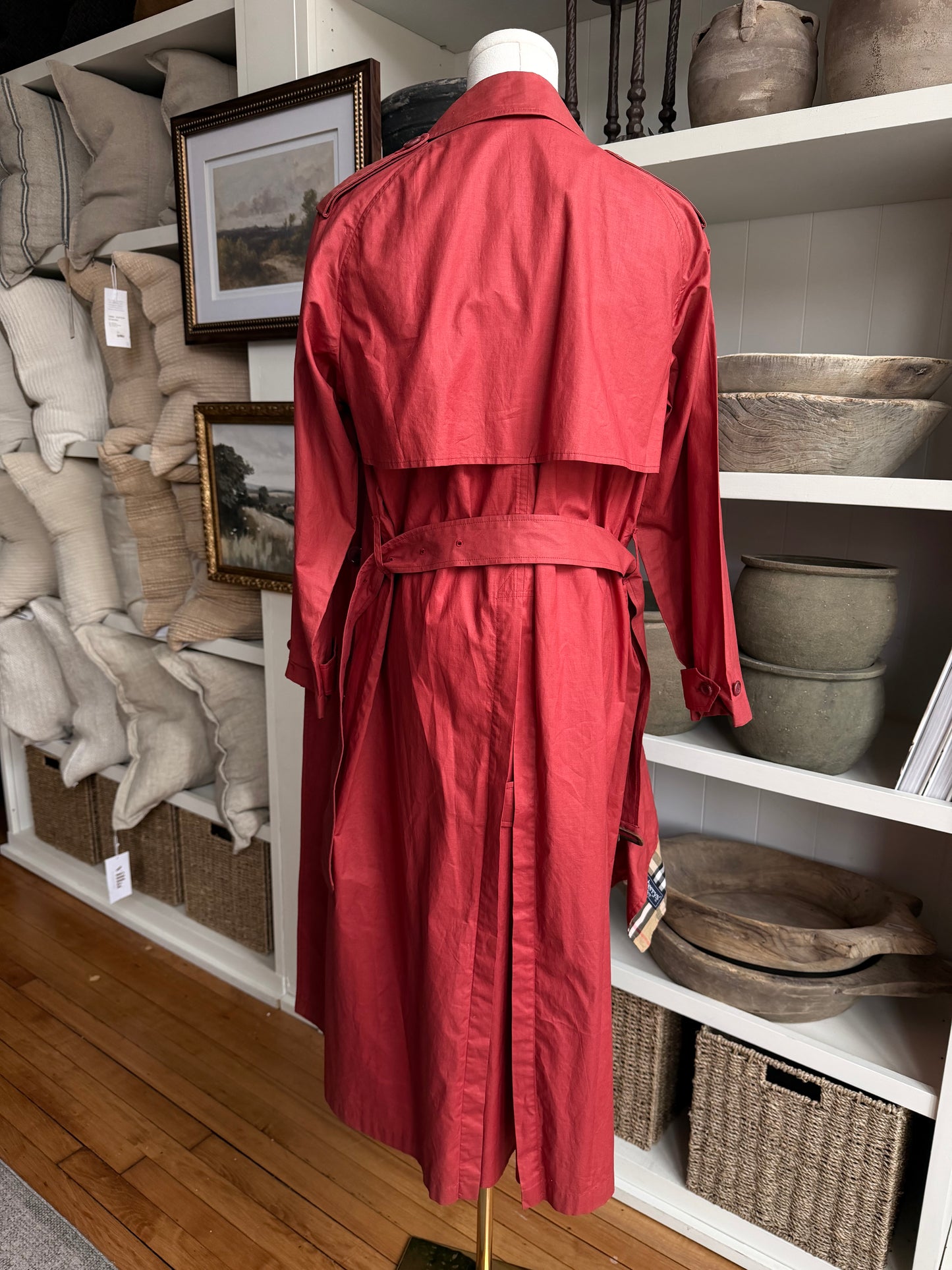 80s Burberry red packable light weight traveler trench with carrying bag