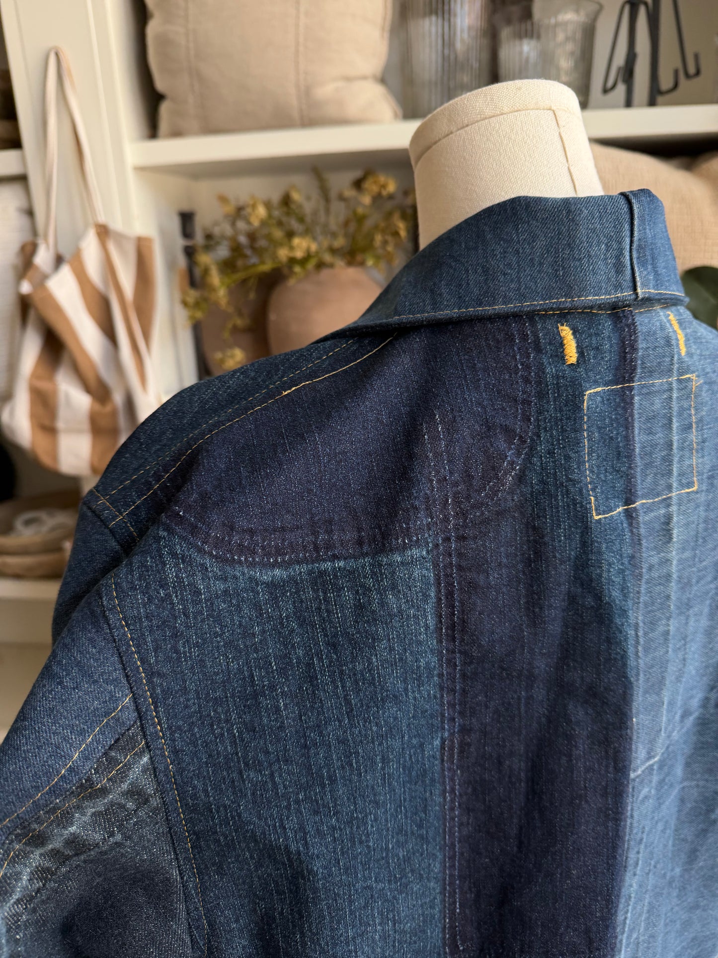 Dark Denim Reworked Chore Coat. Size medium