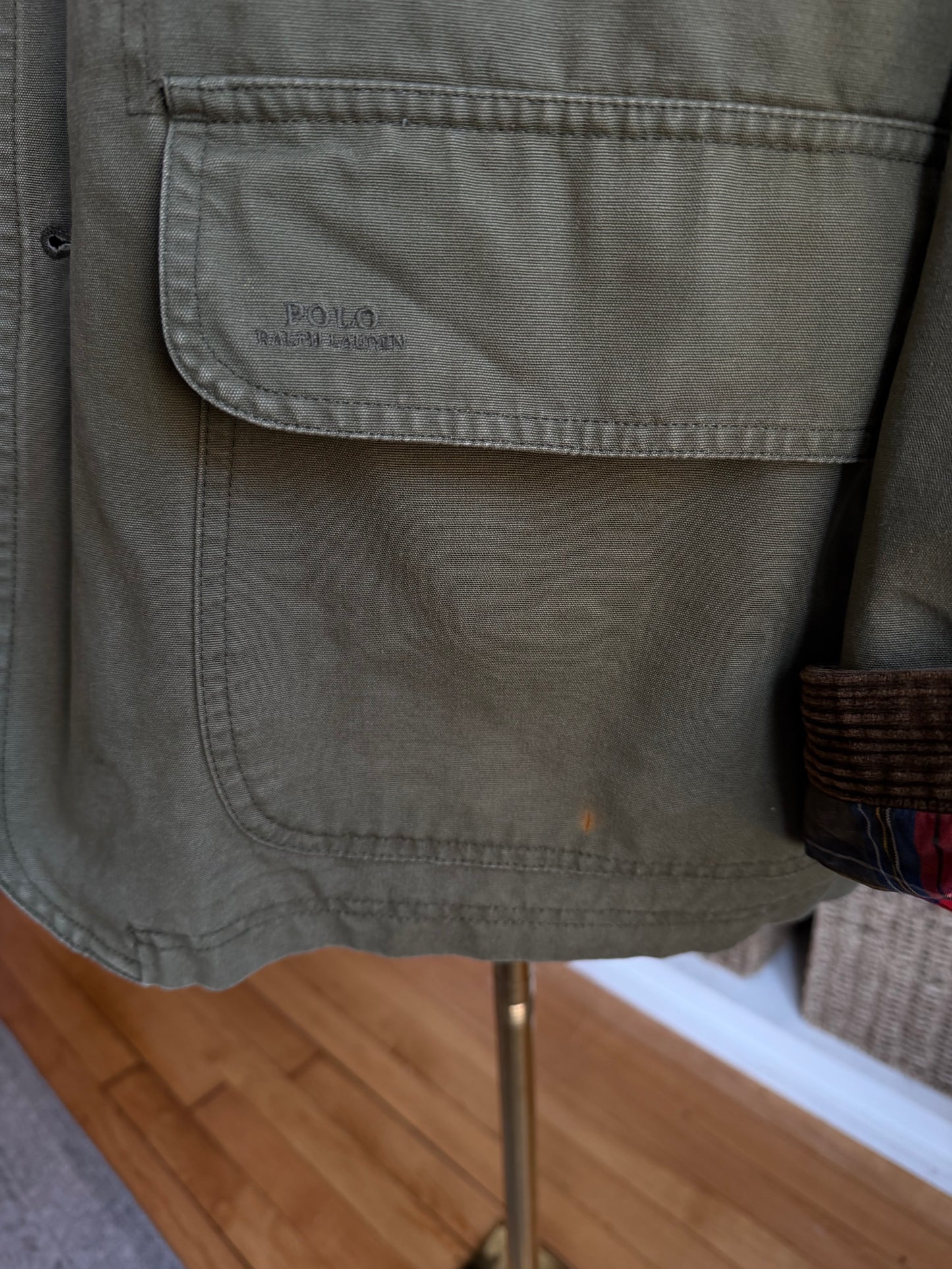 90s Polo Ralph Lauren green barn coat with plaid lining. Fits M-XL