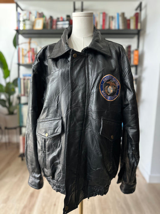80s/90s USMC black leather patchwork bomber