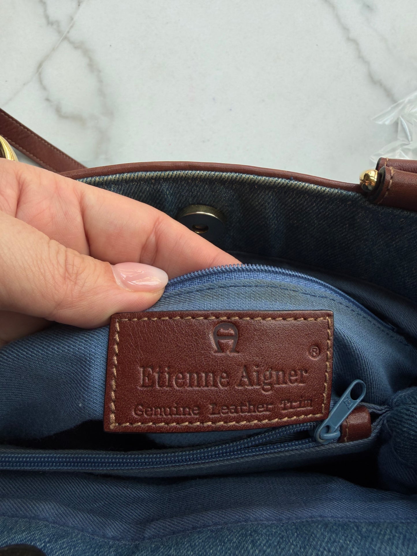 90s Etienne Aigner denim shoulder bag with leather trim