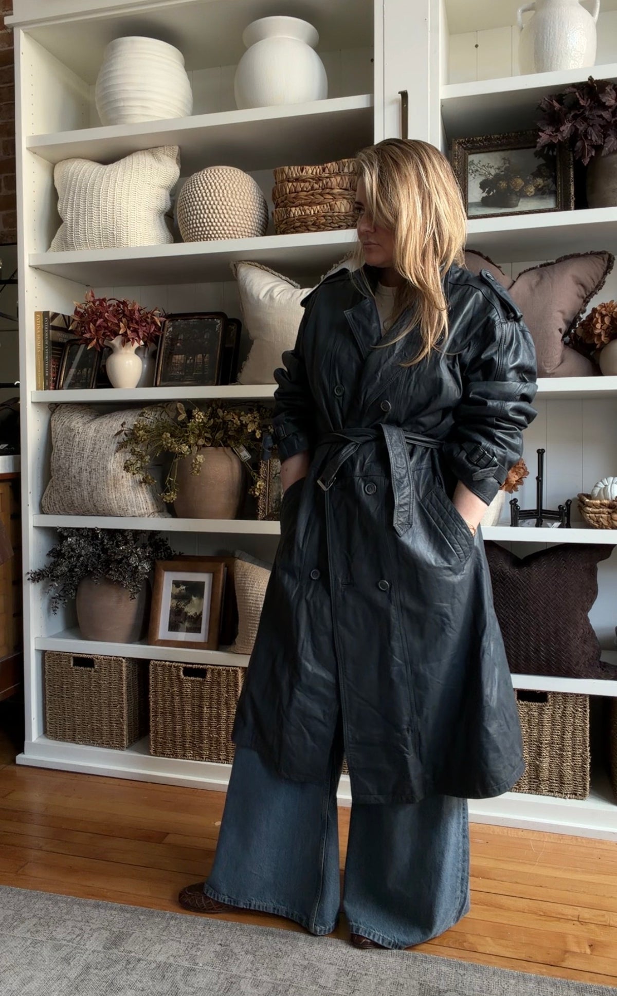 Vintage blue leather trench. Sourced in Paris. Fits M-XL