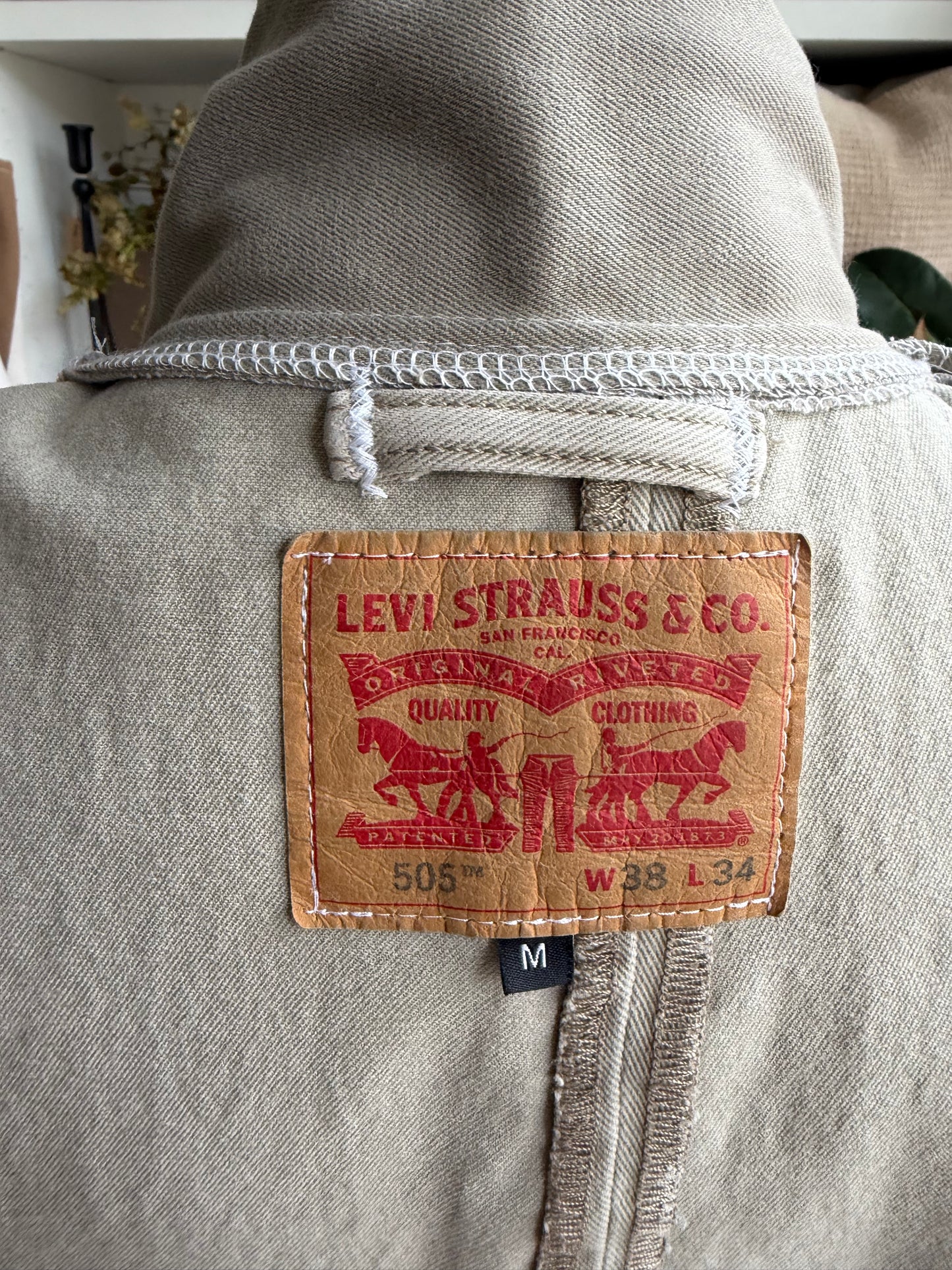 Tan Reworked Denim Chore Coat. Size Medium