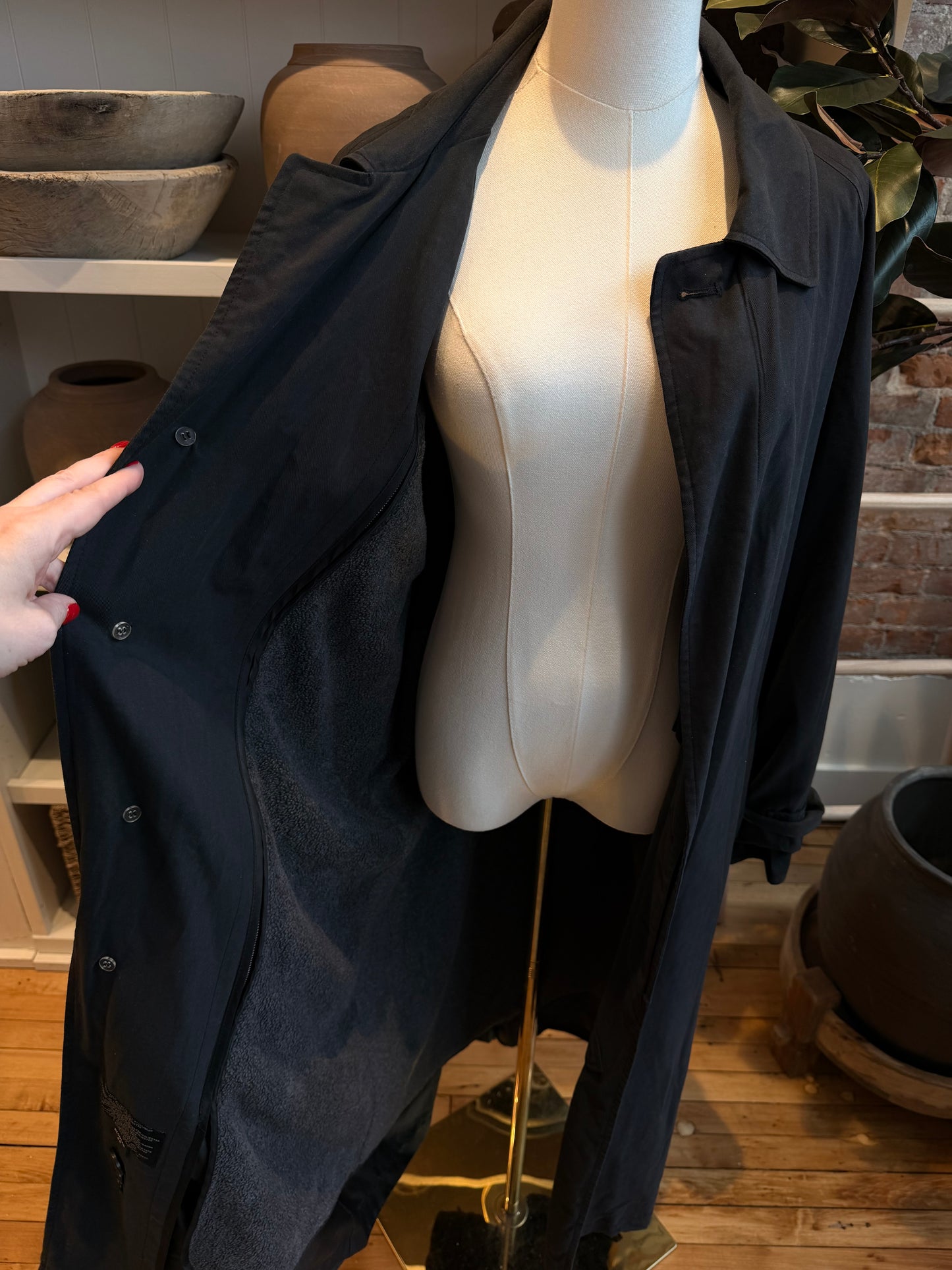 90s J. Ferrar black drape trench with zip out lining