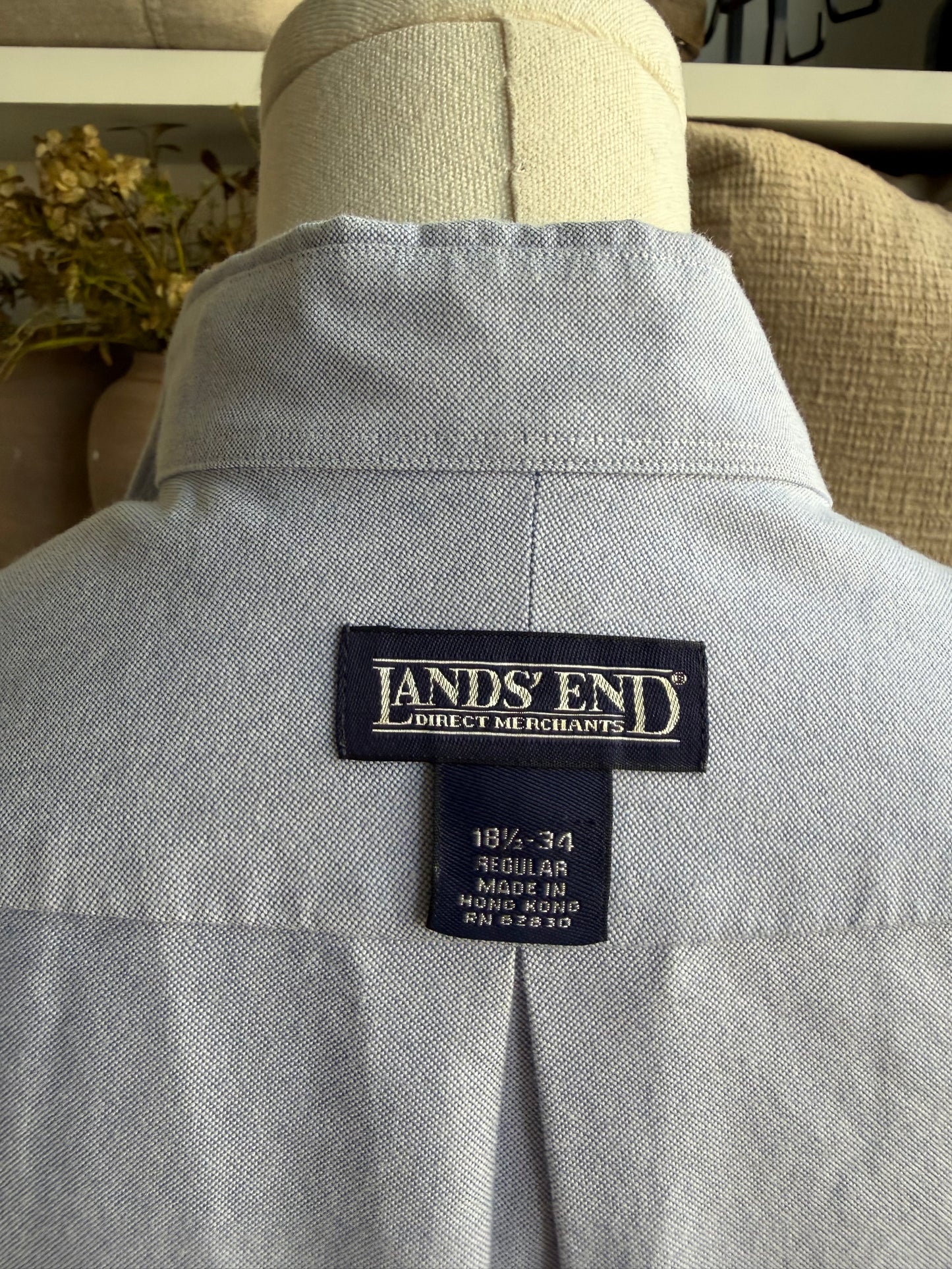 90s Lands End blue Oxford button down. Made in Hong Kong