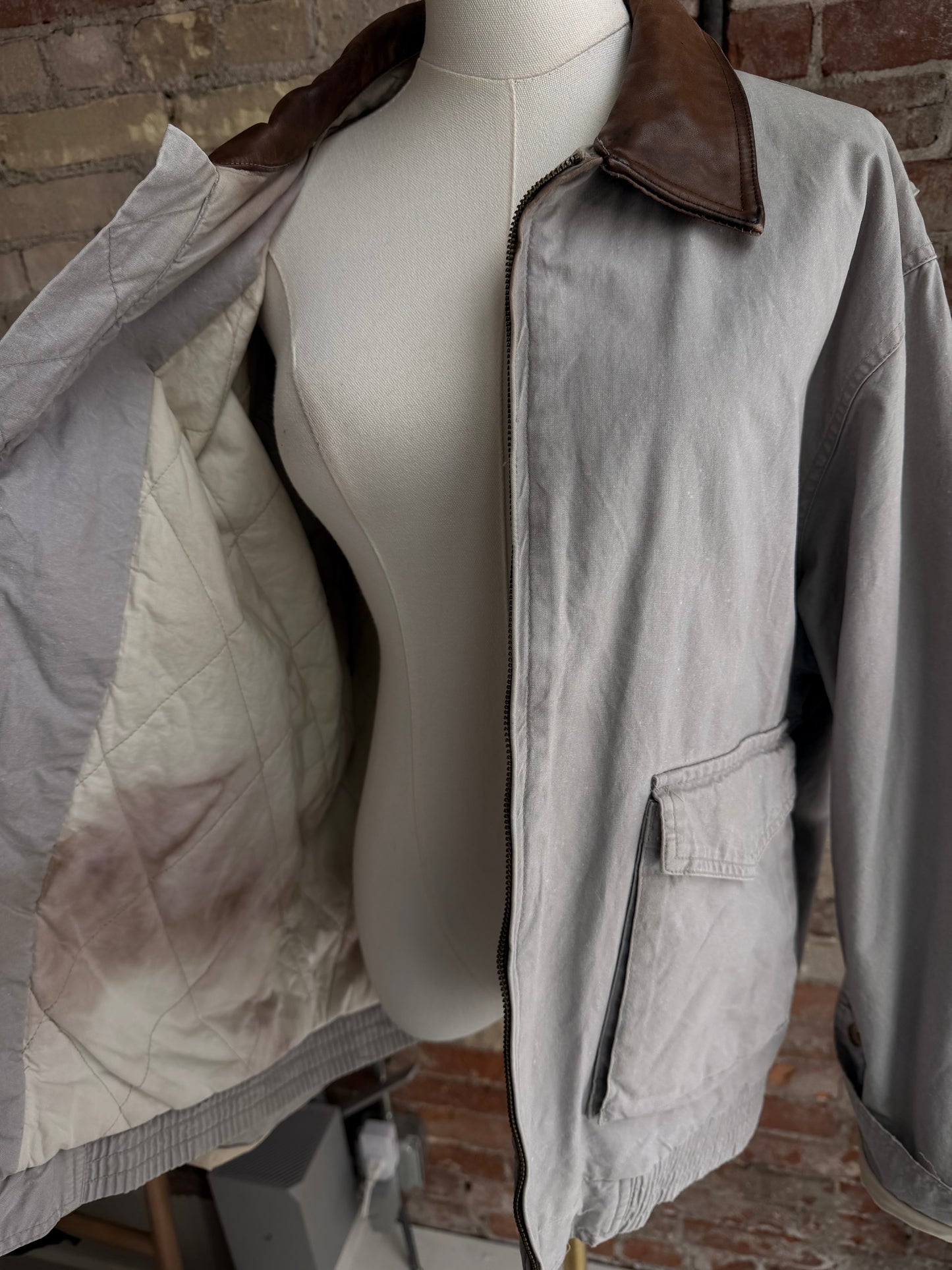 90s LLBean khaki bomber with leather collar. Made in Hong Kong.