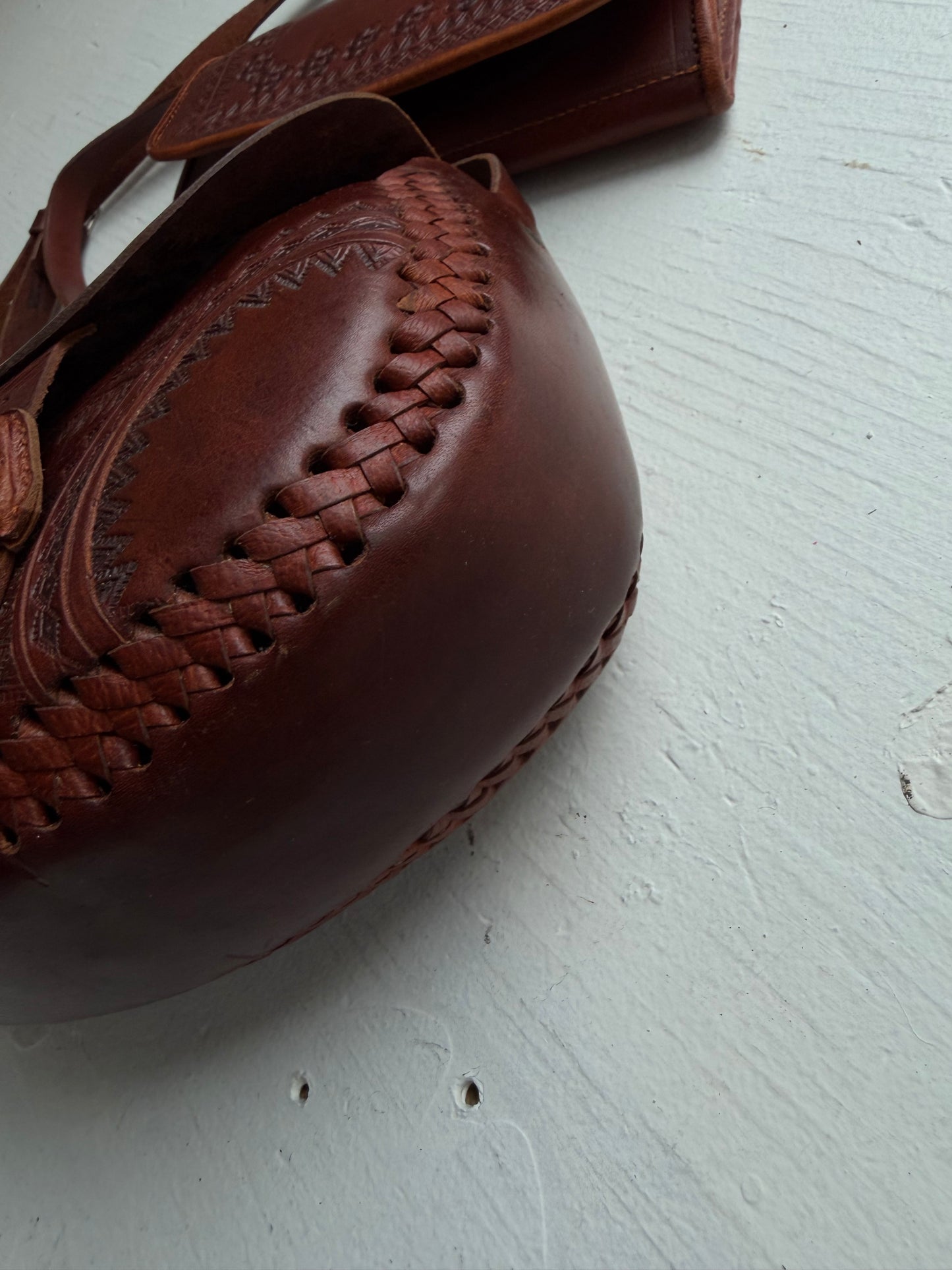 Tooled leather bag with leather wallet. Hand made