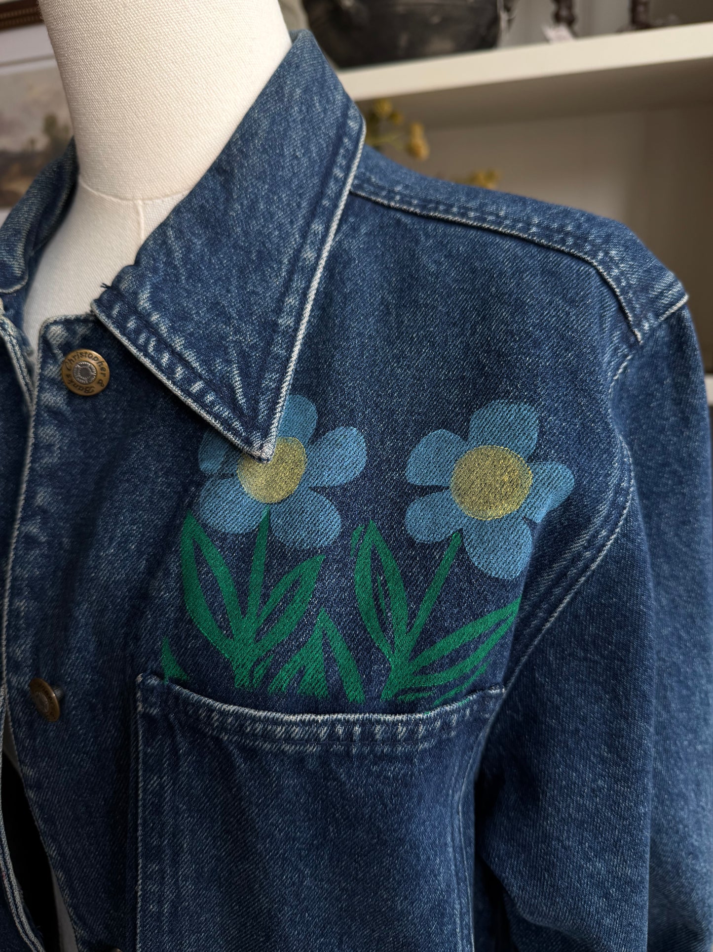 Blocked printed vintage denim trench. Hand painted by SRM Prints