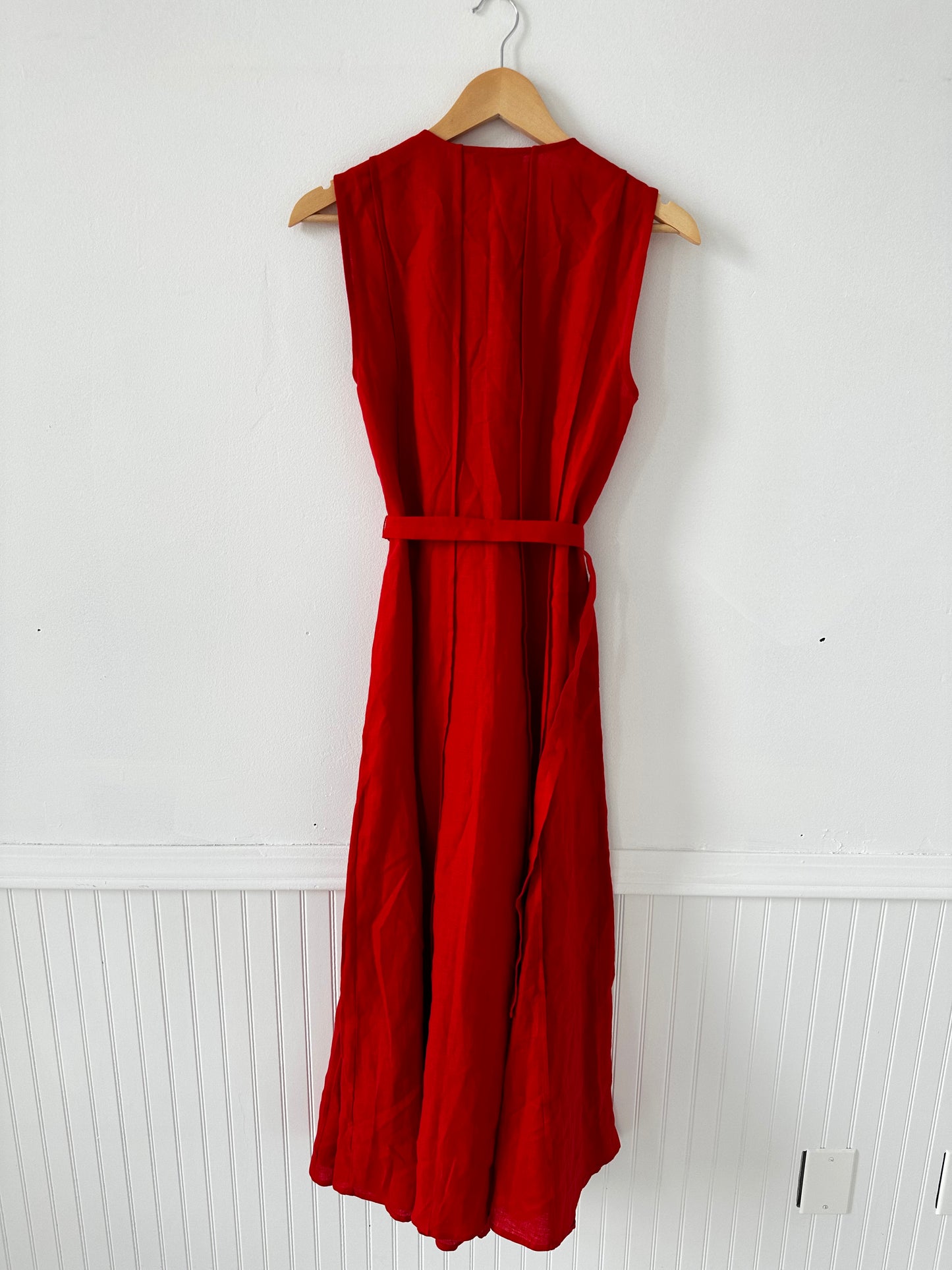 JCrew red seamed linen dress with removable dress. Size medium tall