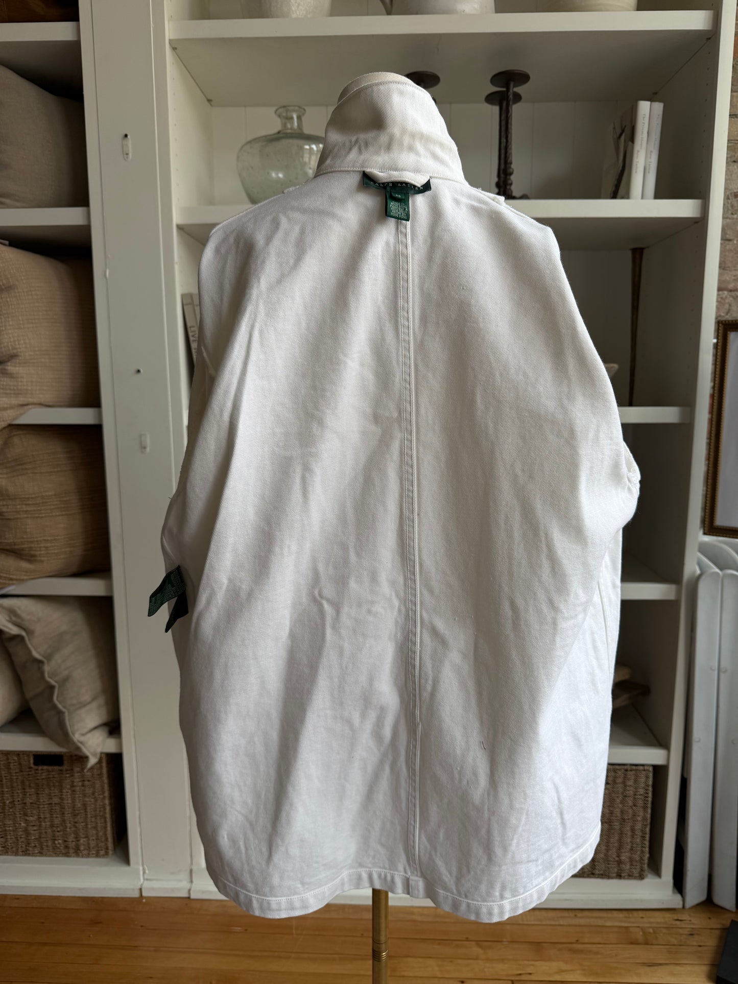 90s Lauren Ralph Lauren white denim chore coat. Made in Hong Kong