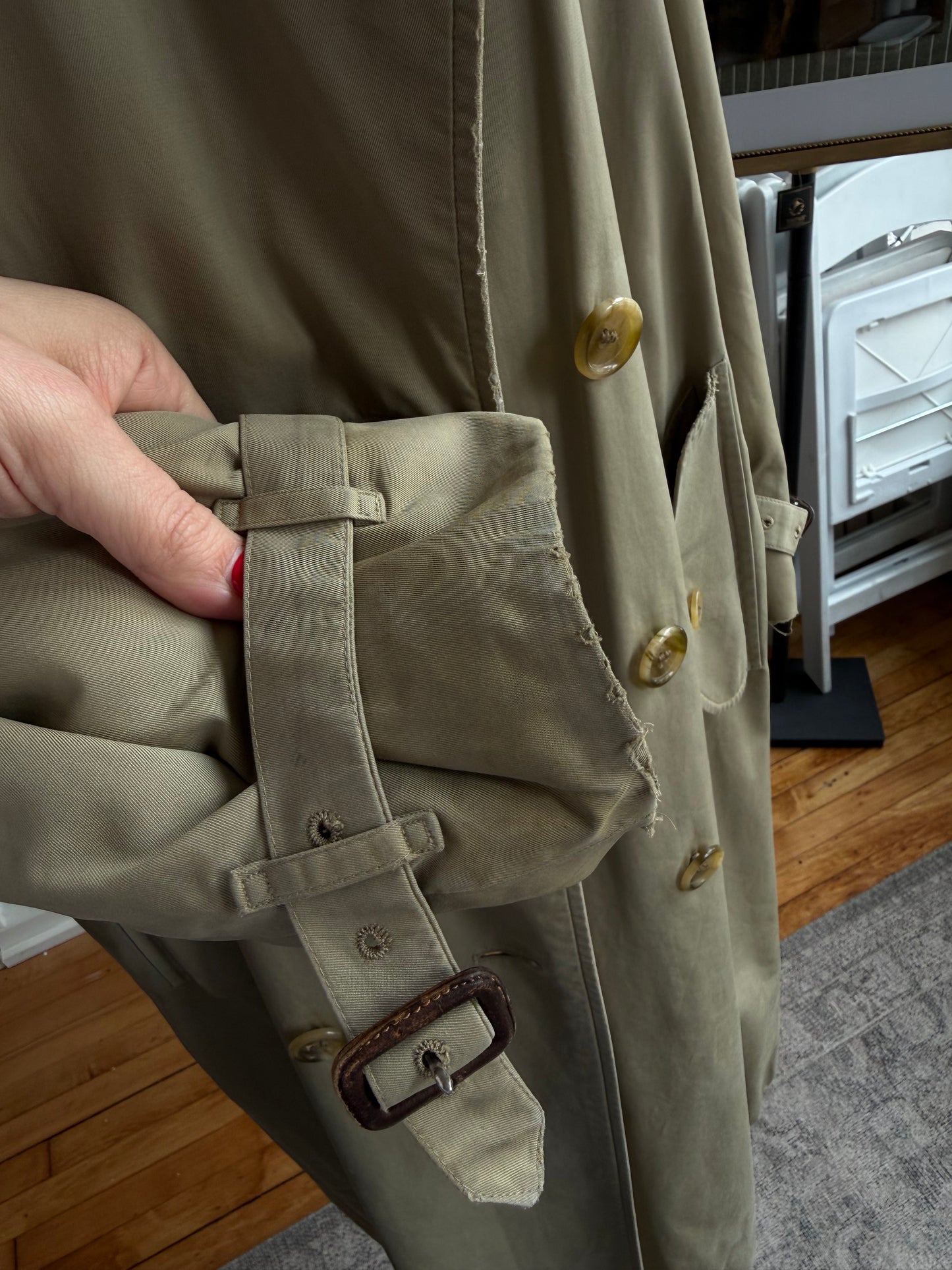 Vintage Burberry green khaki trench with removable wool lining. Made in the USA.