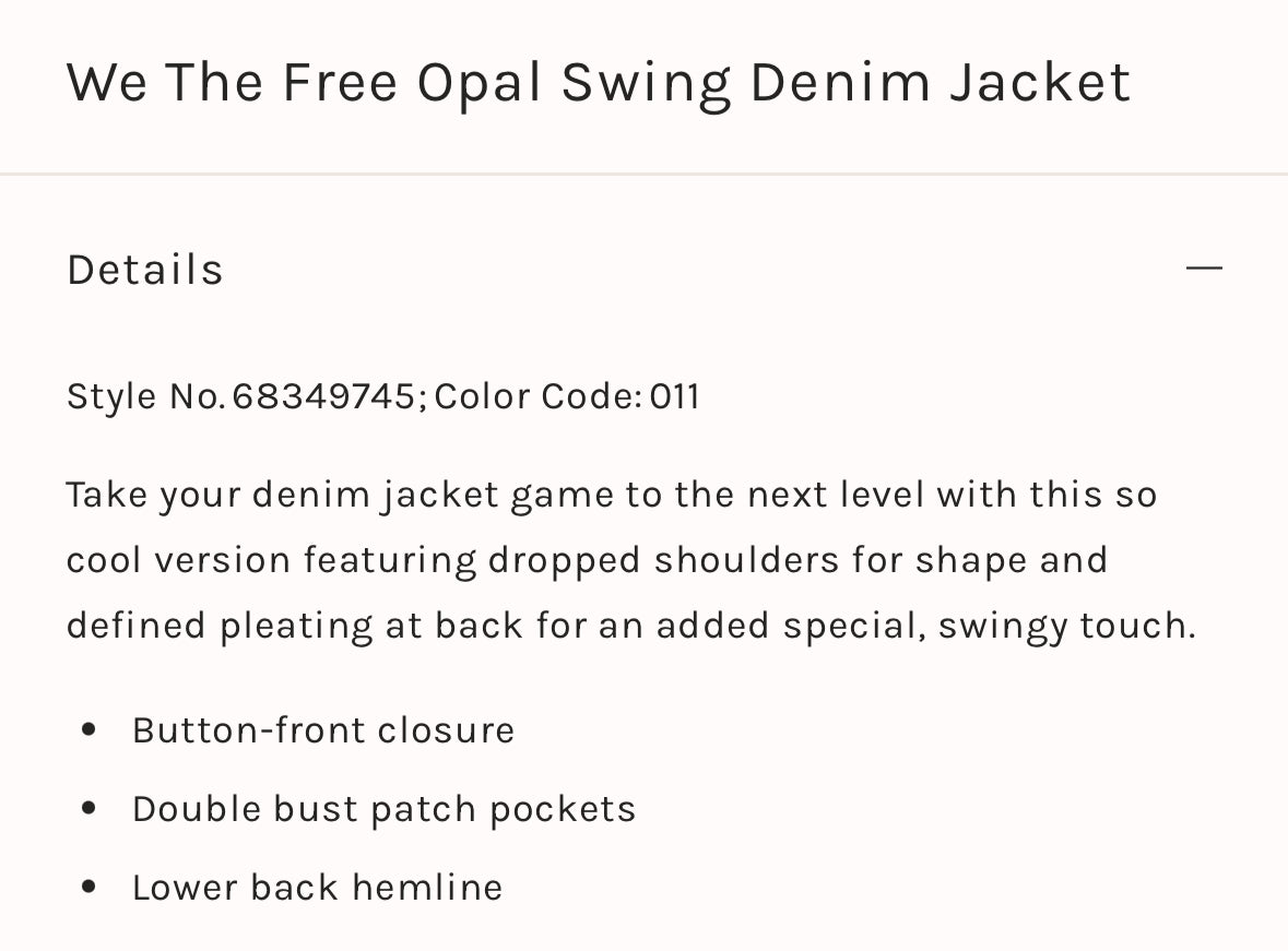 We the Free Opal Swing Denim jacket in cream. Size medium
