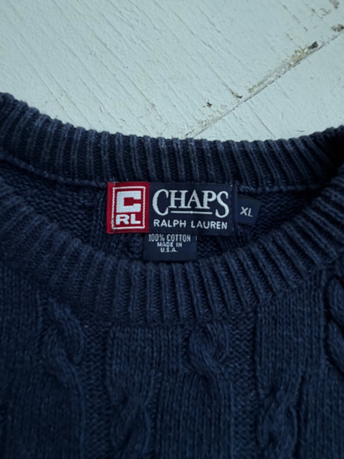 90s Chaps Ralph Lauren navy cotton cable knit sweater. Made in the USA