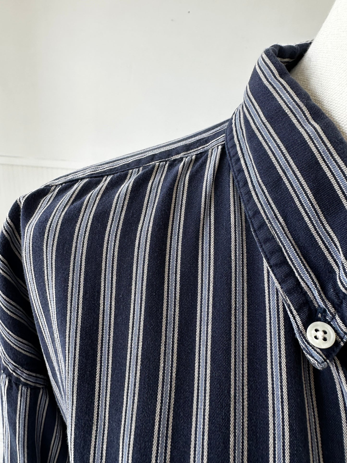 90s St John’s Bay navy striped button down. Made in Hong Kong