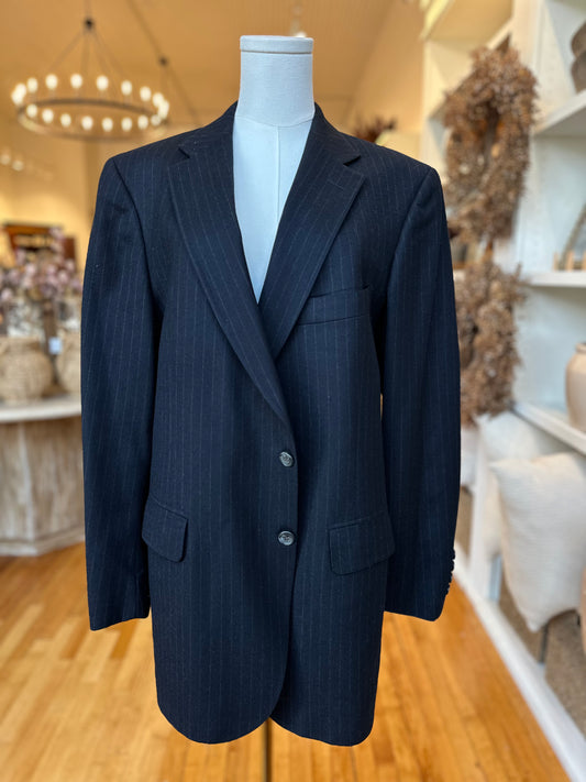 80s Lou Pollack navy wool pinstripe blazer. Made in Chicago