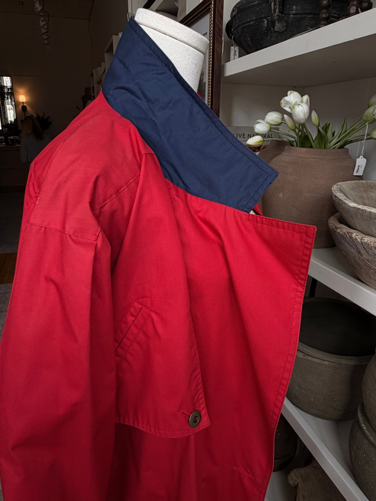 80s Fleet Street red trench with navy details. Made in Korea