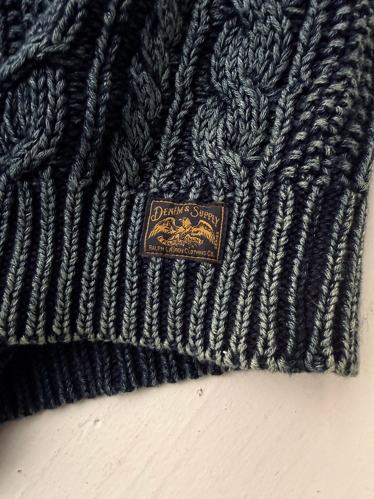 Y2K Denim & Supply cotton cable knit with denim elbow patches